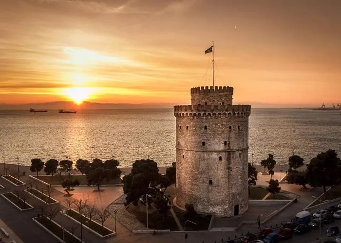 Evening view over Thessaloniki and the Thermaic Gulf, with the White Tower and the seafront